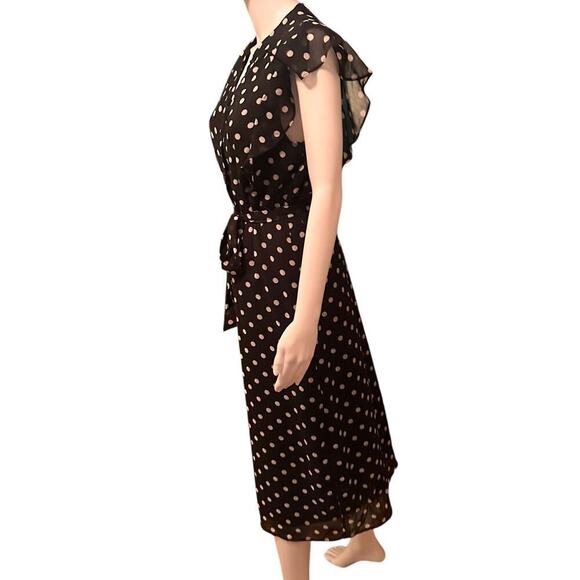 Who What Wear Polka Dot Flowy Belted Flutter Sleeve Midi Dress Sz M Black White - Picture 9 of 14